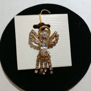 Antique Gold Tone Faux Diamonds Angel Pin 1 1/4" Inches